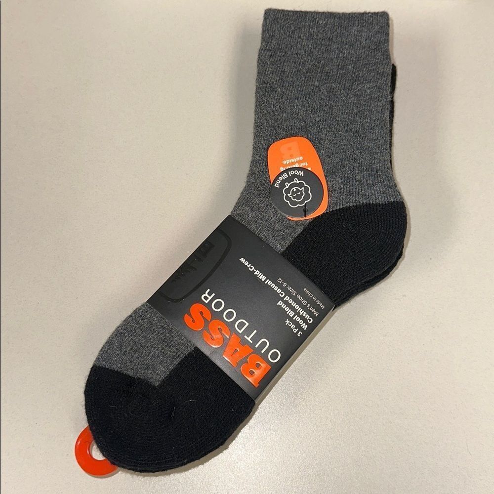 BASS Men’s Black Heather Gray Color Block Mid-Crew Wool Blend Outdoor Socks 3 pk